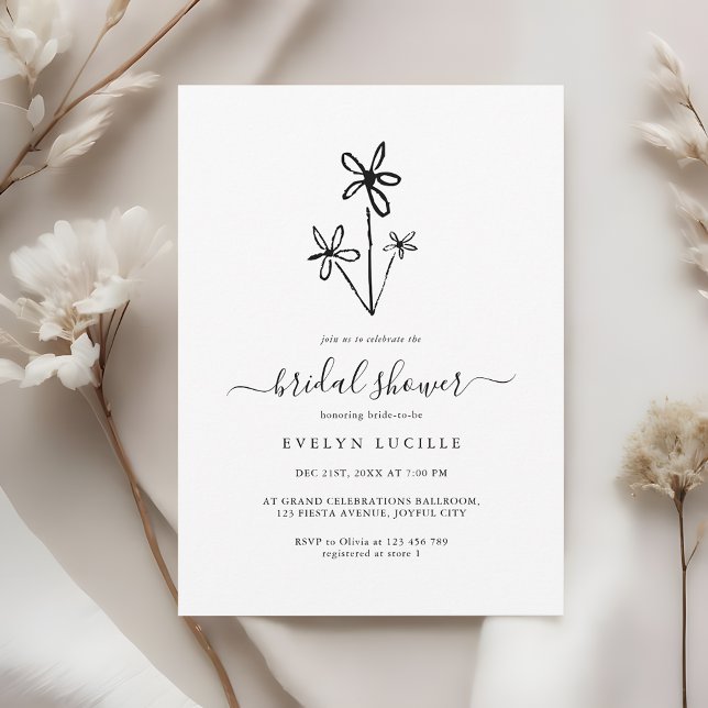 Convite Boho Hand Drawn floral Minimalist Bridal Shower (Criador carregado)