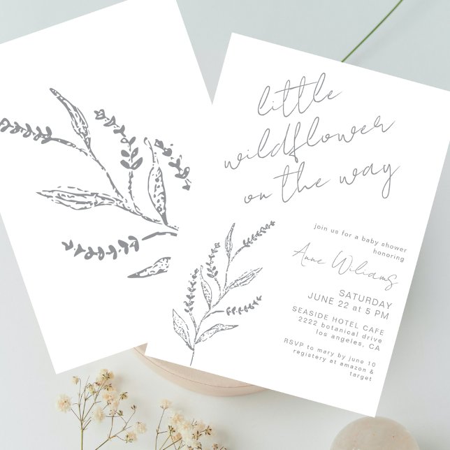 Convite Boho Hand-drawn Wildflower White Grey Baby Shower (Criador carregado)