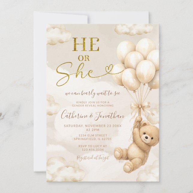 Convite Boho He Or She Beige Balloons Bear Gender Reveal (Frente)