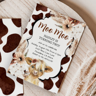 Convite Boho Highland Cow Birthday Fazenda