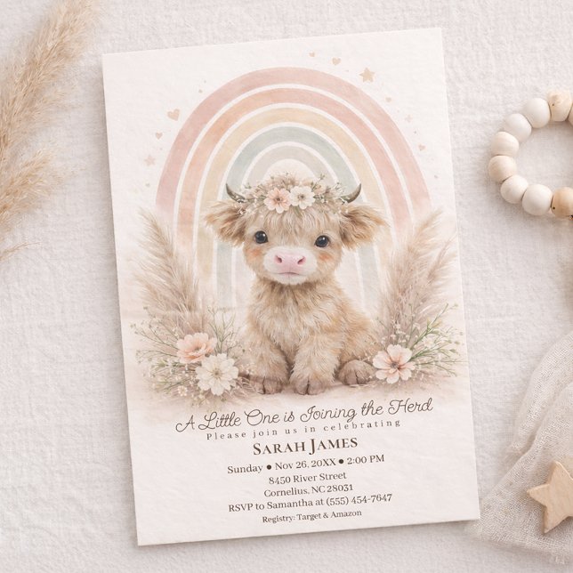 Convite Boho Highland Cow Neutral Rainbow Baby Shower (Criador carregado)