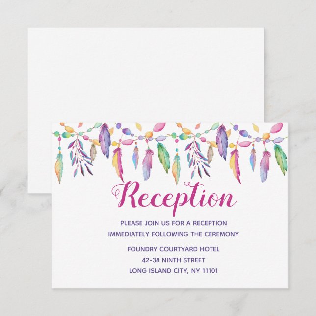 Convite Boho Indígena Americano Pena Roxa Casamento Indíge (Frente/Verso)
