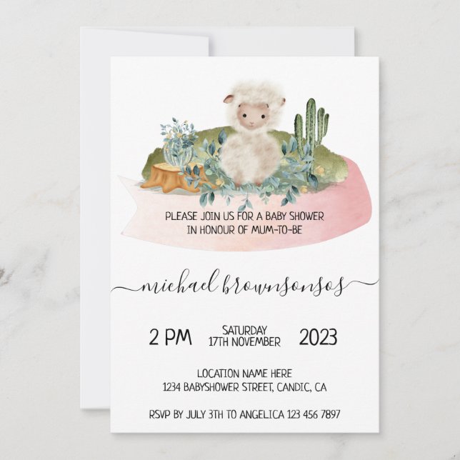 Convite Boho Lamb Sheep Tropical Baby Shower (Frente)