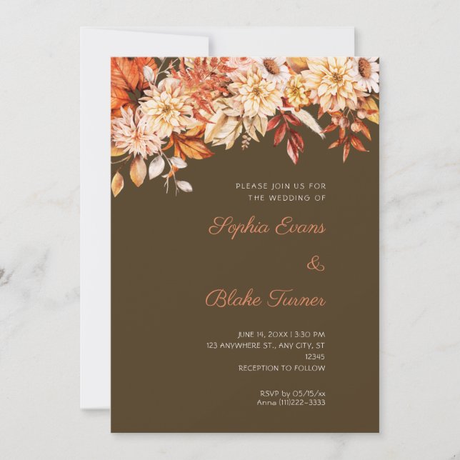 Convite Boho Laranja Floral Inverno Café Marrom Casamento (Frente)