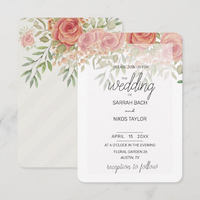 Convite Boho Laranja Leve E Rosas Leves Aquarela (Frente/Verso)