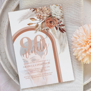 Convite Boho Laranja Queimada Floral 90º Aniversário Foto