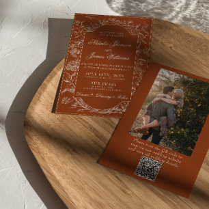 Convite Boho Laranja Queimado Floral Código QR Foto Casame
