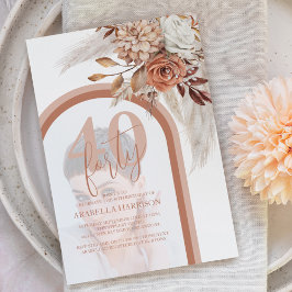 Convite Boho Laranja Queimado Floral Foto 40º Aniversário
