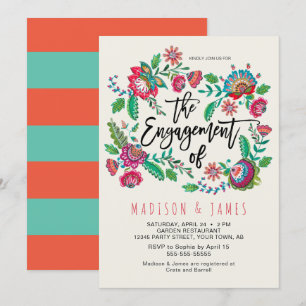 Convite Boho Laranja & Turquesa listra Floral Noivado