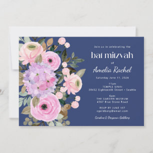 Convite Boho Lavanda Azul Floral Watercolor Bat Mitzvah