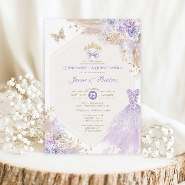 Convite Boho Lavanda Gêmeas Florais Garota Quinceañera (Criador carregado)