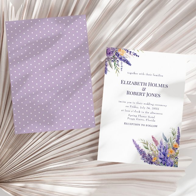 Convite Boho Lavanda Lilás Aquarela Flores Silvestres Casa (Boho Lavender Lilac Watercolor Wildflowers Wedding Invitation on a sunny neutral dry palm leaf.)