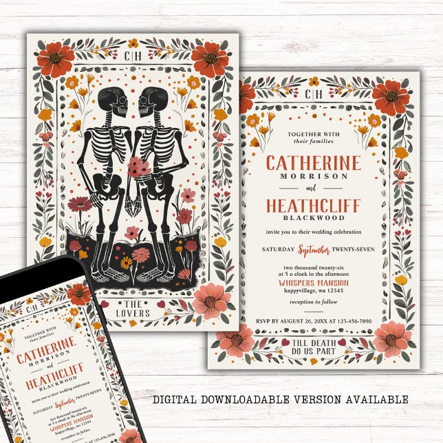 Convite Boho Letterpress Style Skeleton Tarot Wedding (Criador carregado)