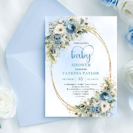 Convite Boho Light Blue Floral Greenery Baby Shower Invite