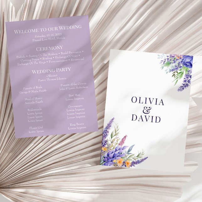 Convite Boho Lilac Watercolor Wildflower Weding Program (Boho Lilac Watercolor Wildflower Wedding Program on a sunny neutral dry palm leaf.)