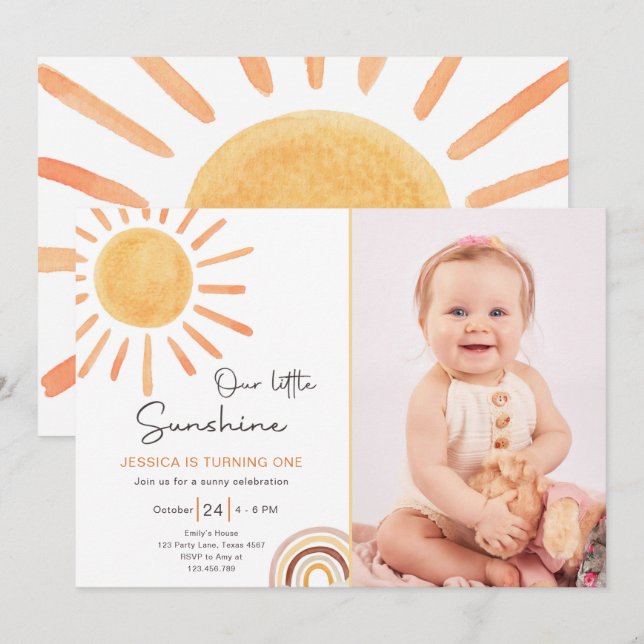 Convite Boho LiTtle Sunshine primeiro aniversario Convide  (Frente/Verso)
