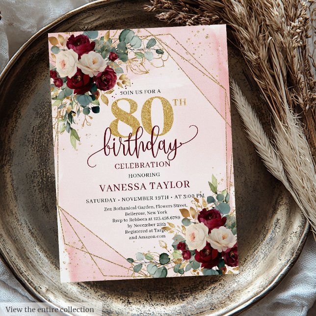 Convite Boho Maroon Dourado 80 de Rosa sofisticado Anivers (Sophisticated Boho Maroon Gold Roses 80th Birthday Invitation)