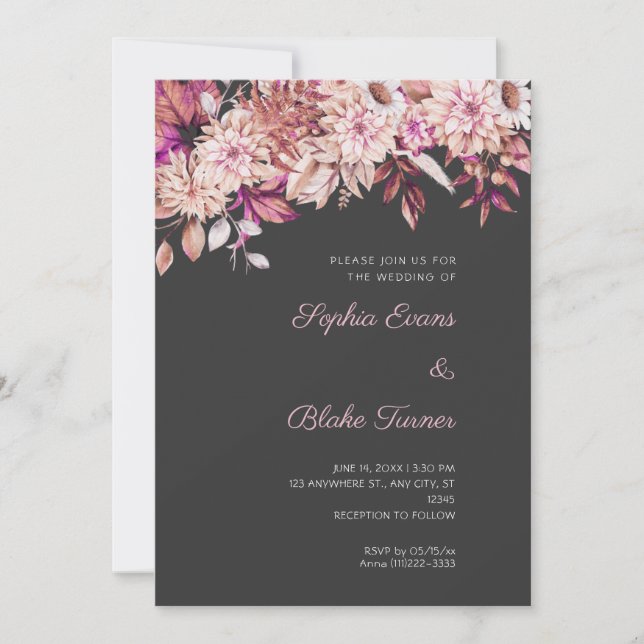 Convite Boho Marrom Rosa Floral Inverno Cinza Casamento (Frente)
