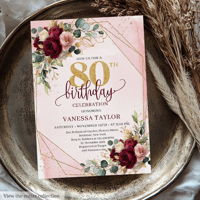 Convite Boho marsala, flores de ouro, 80 (Glamorous boho marsala gold flowers 80th birthday invite

)