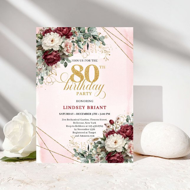 Convite Boho Marsala Flores Eucalipto 80º Aniversário (Boho Marsala Flowers Eucalyptus 80th Birthday)