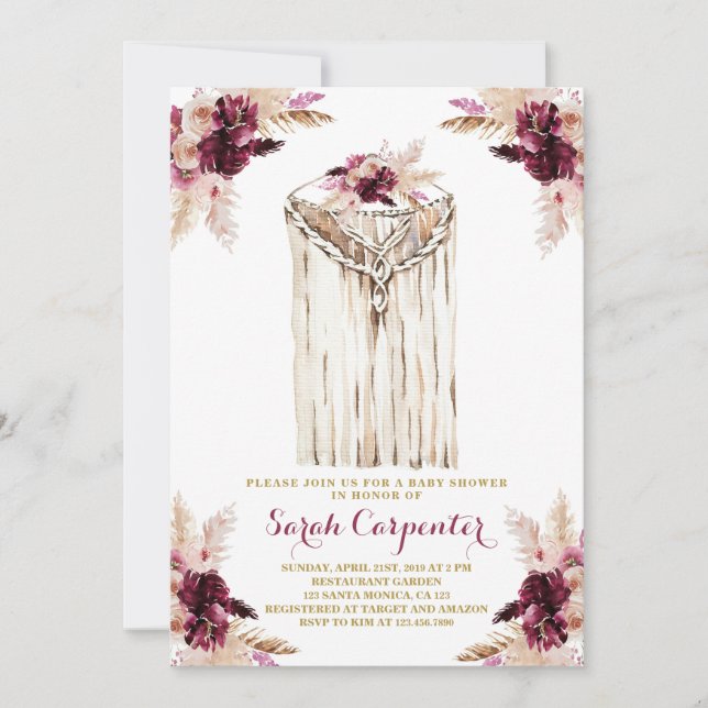 Convite Boho marsala macrame chá de fraldas (Frente)