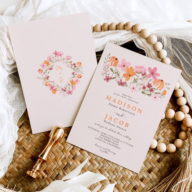 Convite Boho meadow wildflower iniciais casamento (Criador carregado)