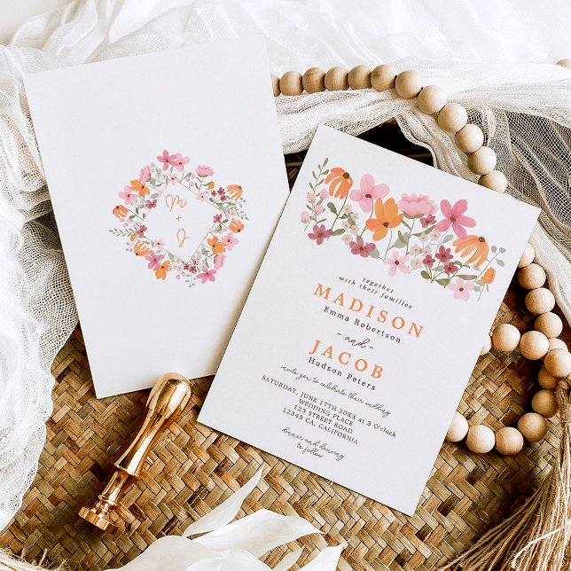 Convite Boho meadow wildflower iniciais casamento (Criador carregado)