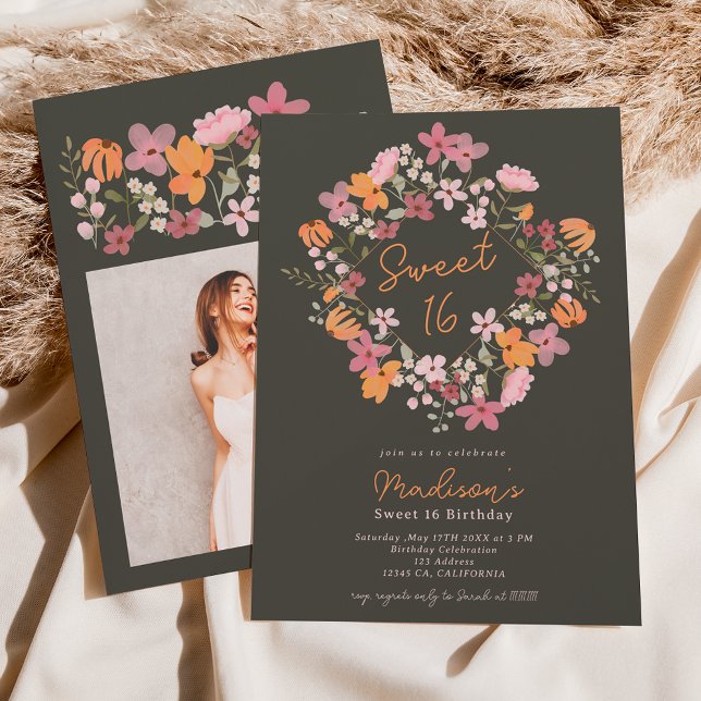 Convite Boho meadow wildflowers photo Sweet 16 (Criador carregado)
