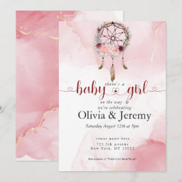 Convite BOHO Menina Rosa Dream Catcher Aguarela