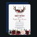 Convite Boho Merlot Marinho Blue Floral Antlers Sweet 16<br><div class="desc">Um design russo da Boêmia para eventos especiais, todas as estações! Este design apresenta galhadas de veados, merlot de aquarela, buquês de flores azuis marinhos, setas com as mesmas flores e atrás um fundo azul marinho. Use a ferramenta Personalizar para adicionar suas informações. Para mais, visite por favor a minha...</div>