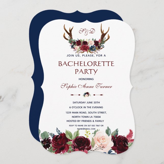 Convite Boho Merlot Navy Floral Antlers Bachelorette Party (Frente/Verso)