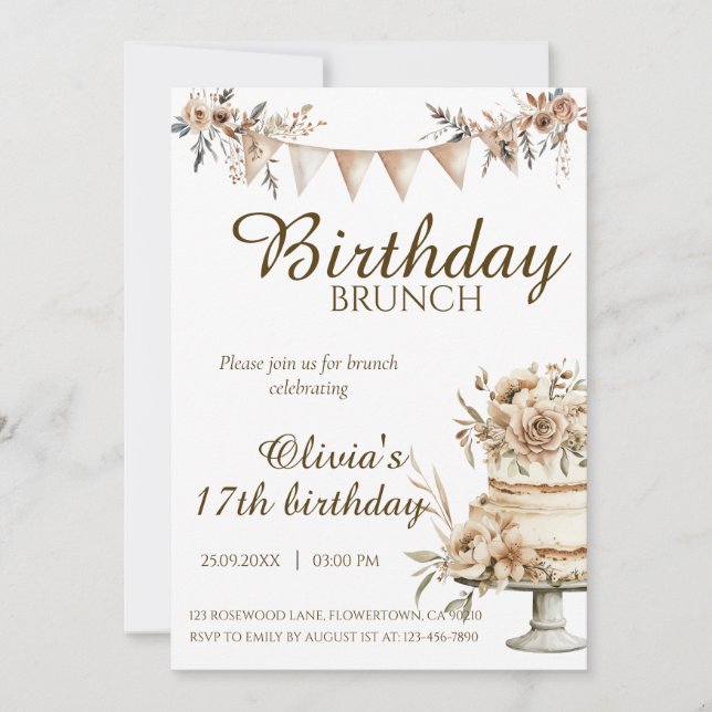 Convite Boho minimalist birthday invitation, brunch invite (Frente)