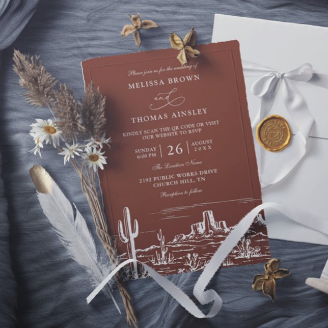 Convite Boho Minimalist Terracotta Western QR Code Wedding (Criador carregado)