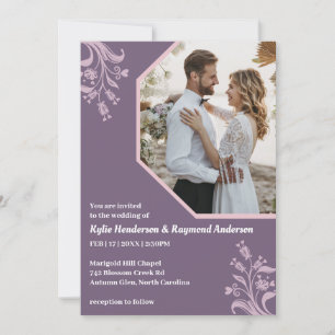 Convite Boho Minimalista Casamento Violeta Chinês Floral