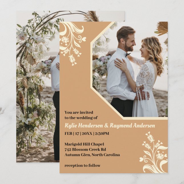 Convite Boho Minimalista Floral Buff Wedding (Frente/Verso)