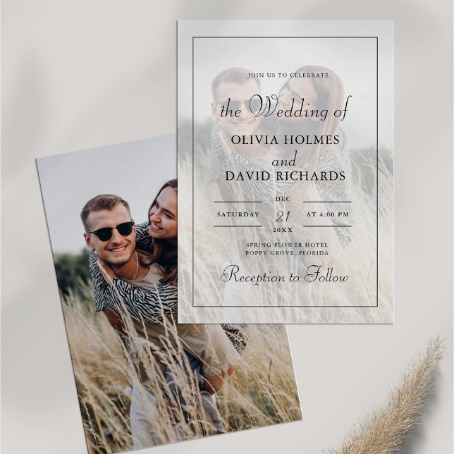 Convite Boho Minimalista  Foto Personalizada Casamento (Boho Minimalist Custom Photo Wedding Invitation on white table with dry wildflower.)