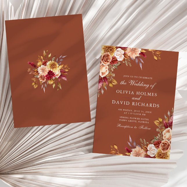 Convite Boho Modern Burnt Orange Terracotta Casamento Flor (Boho Modern Burnt Orange Terracotta Floral Wedding Invitation on a sunny neutral dry palm leaf.)