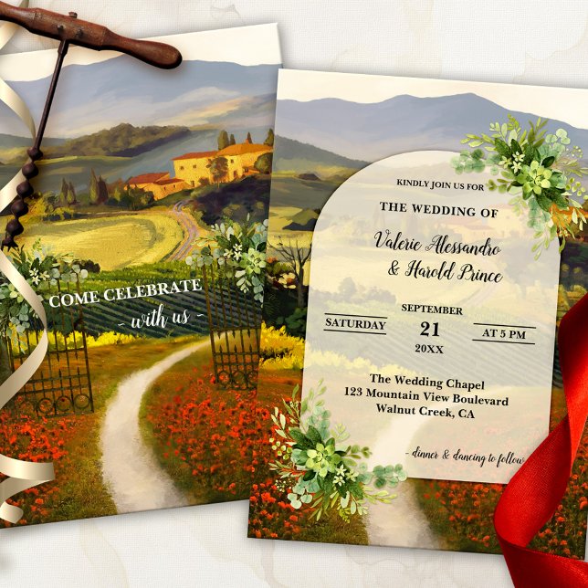 Convite Boho Modern Country Wedding (Modern romantic wedding invitation featuring an Italian landscape painting with watercolor flowers)