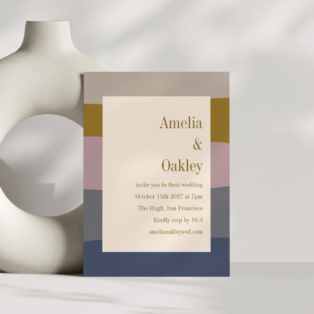 Convite Boho Modern Dusty Mauve Dourado Beige Striped Wedd (Criador carregado)