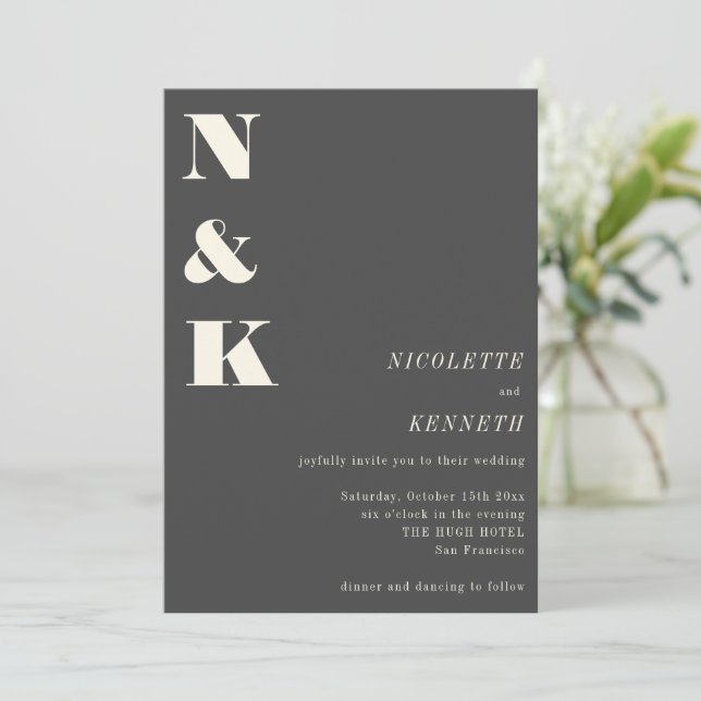Convite Boho Monogram Initials Charcoal Gray Photo Wedding (Em pé/Frente)