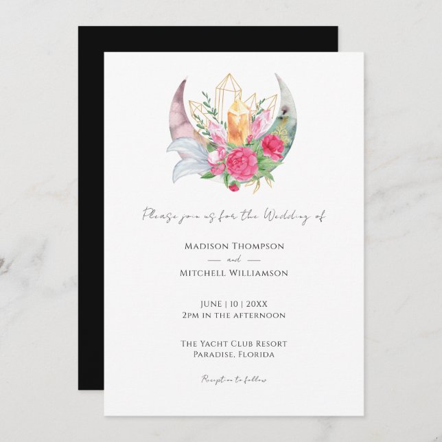 Convite Boho Moon Crystals Penas Flores Rosa Casamento (Frente/Verso)