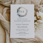 Convite Boho Moon Monograma Wreath Indigo Casamento<br><div class="desc">Esta design de boho apresenta as iniciais da noiva e do monograma do noivo moldadas por uma coroa de aquarela que inclui uma fenda de lua azul indigo, grama pampas, flores brancas e um círculo de folha azul dourada. Personalize o texto azul escuro com os nomes dos casais e os...</div>