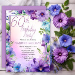 Convite Boho Morning Glories Floral 60th Birthday Party<br><div class="desc">Elegant bohemian style morning glories and aster flowers floral design "60th Birthday Party" design featuring a floral frame in blue,  lavender and purple,  on a pastel-toned watercolor background.</div>