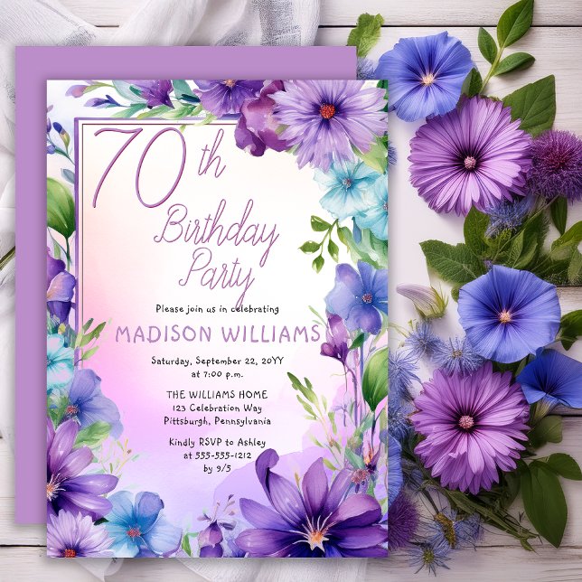 Convite Boho Morning Glories Floral 70th Birthday Party (Elegant Boho Aster | Morning Glories Floral 70th Birthday Party Invitation Print | Digital Download)