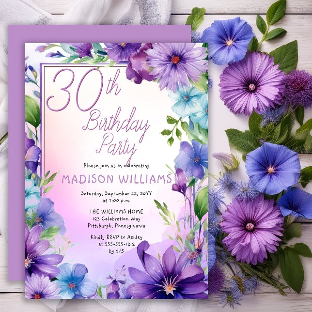 Convite Boho Morning Glories Floral aniversário de 30 anos (Elegant Boho Aster | Morning Glories Floral 30th Birthday Party Invitation Print | Digital Download)