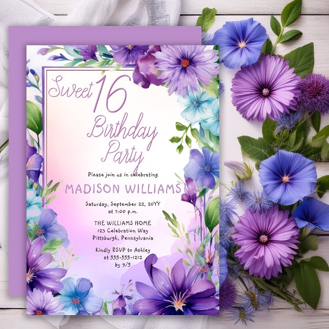 Convite Boho Morning Glories Sweet 16 Birthday Party (Elegant Boho Aster | Morning Glories Floral Sweet 16 Birthday Party Invitation Print | Digital )