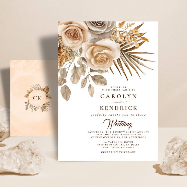 Convite Boho Neutral Acentos Florais Elegante Casamento (Criador carregado)