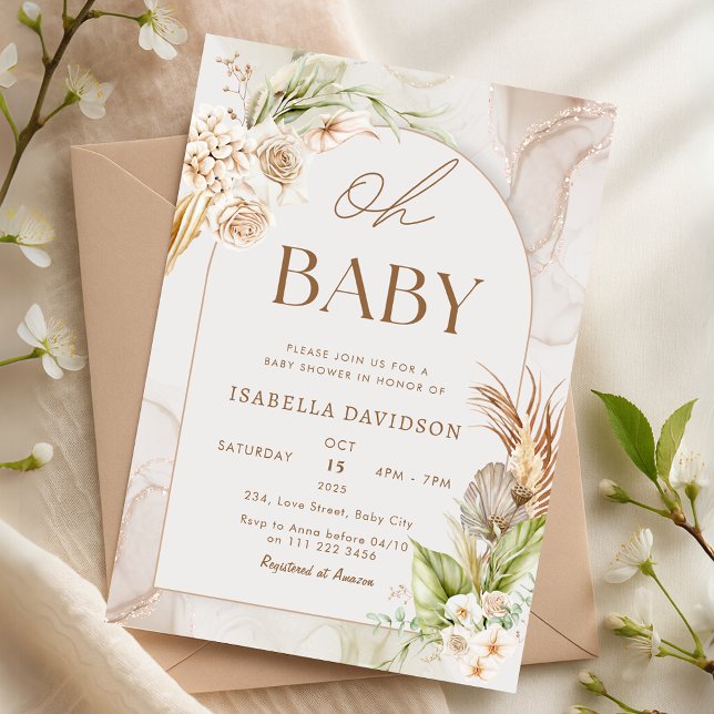 Convite Boho Neutral Oh Chá de fraldas Pampas Floral (Boho Neutral Oh Baby Shower Pampas Floral Invitation)