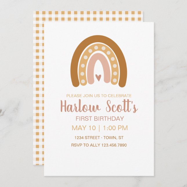 Convite Boho Neutral Rainbow Birthday (Frente/Verso)