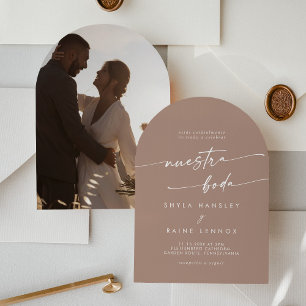 Convite Boho Neutral Taupe Foto Arch Casamento Espanhol